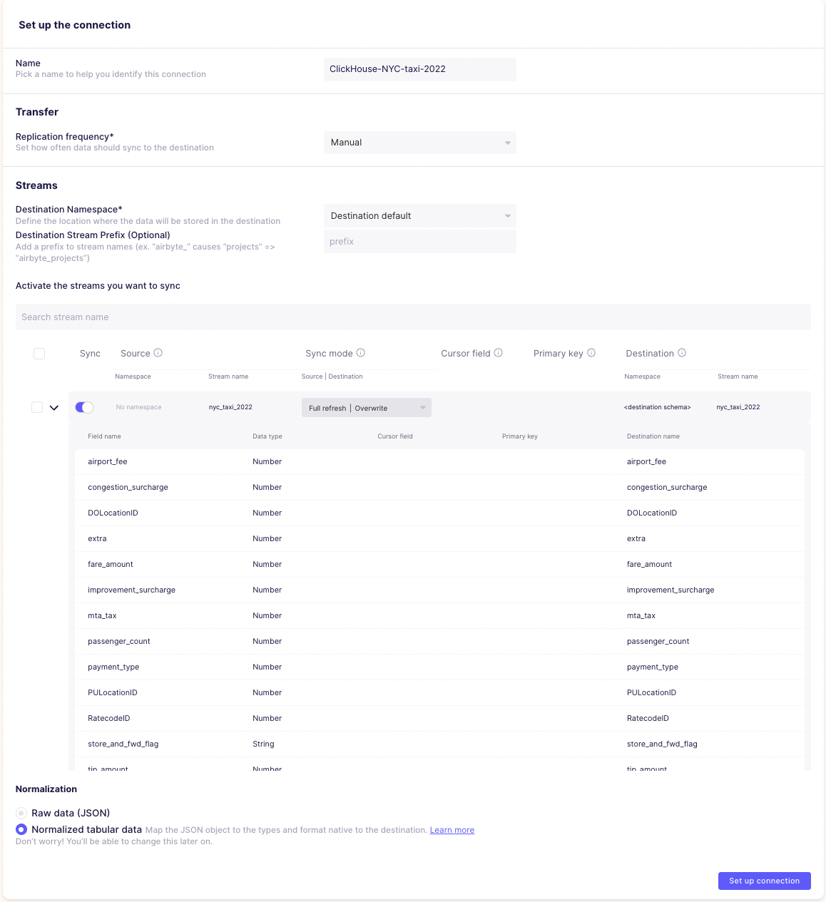 Connection creation in Airbyte